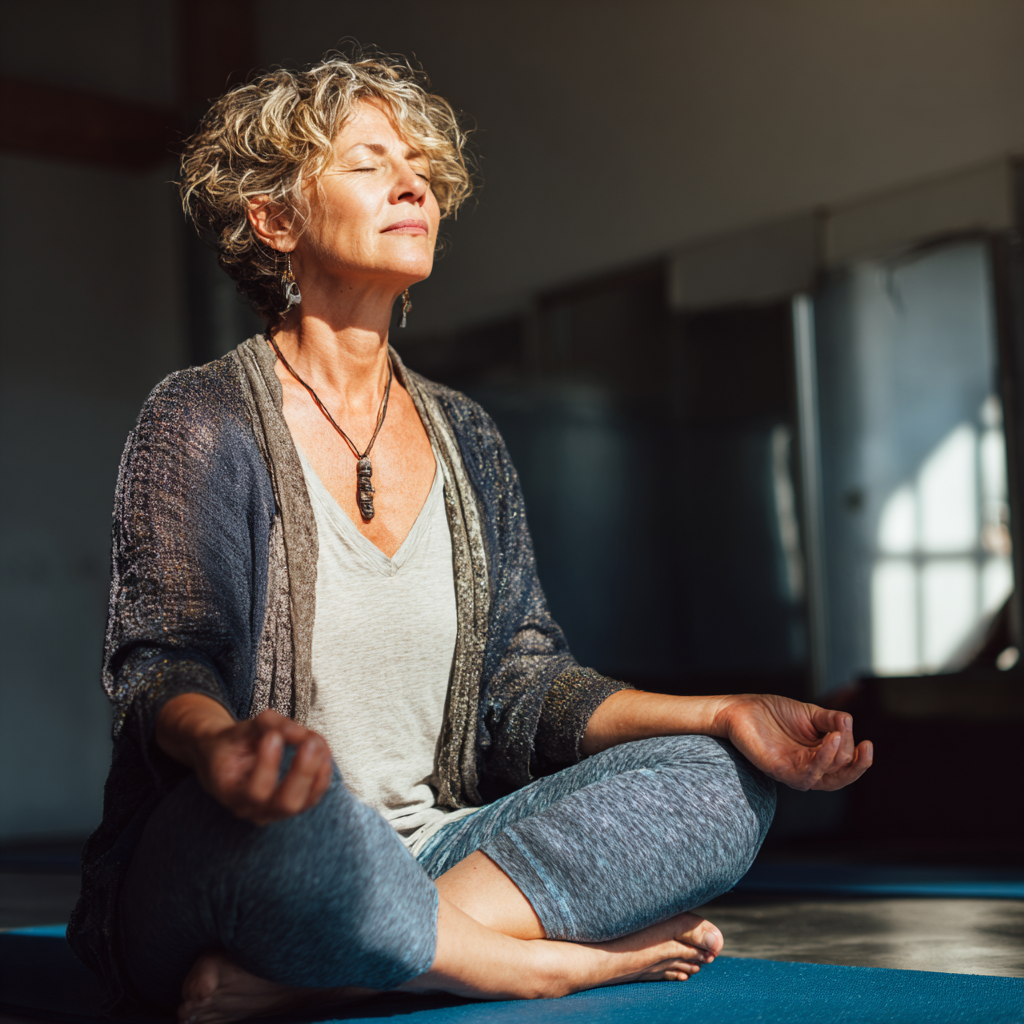 Mature adult practicing gentle yoga poses in peaceful studio environment