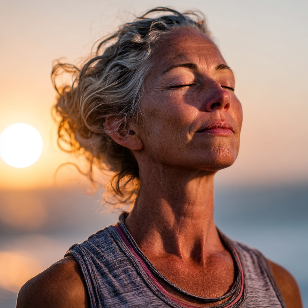 Middle-aged woman in serene meditation pose during sunrise practice
